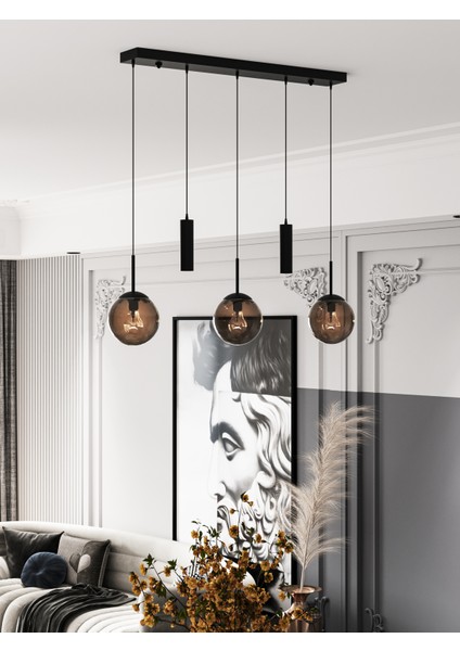 Nara Eskitme Metal Gövdeli 5'li Modern Sıralı Sarkıt Avize- 2 Spot LED 3 Bal Cam Küre Avize