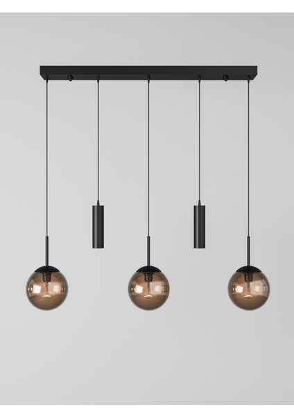 Nara Eskitme Metal Gövdeli 5'li Modern Sıralı Sarkıt Avize- 2 Spot LED 3 Bal Cam Küre Avize modelleri