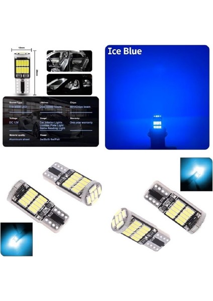 ( 4 x Adet) 1 Set T10 LED Dipsiz Ampul 12V 26 LED Buz Mavi (Ice Blue)