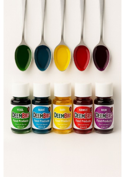 5'li Sıvı Gıda Boyası Mavi-Yeşil-Kırmızı-Turuncu-Mor Özel Kutulu 5 x 10 ml