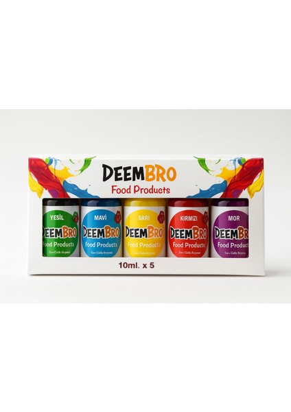 5'li Sıvı Gıda Boyası Mavi-Yeşil-Kırmızı-Turuncu-Mor Özel Kutulu 5 x 10 ml modelleri