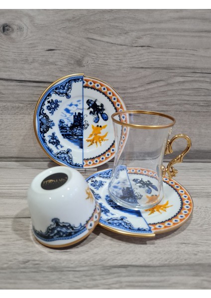 18 Parça 6 Kişilik Çay ve Türk Kahvesi Fincanı Takımı Hybrid 1 Serisi