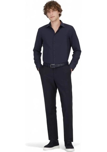 Lacivert Düz Slim Fit Dokuma Klasik Pamuk Karışımlı Gömlek