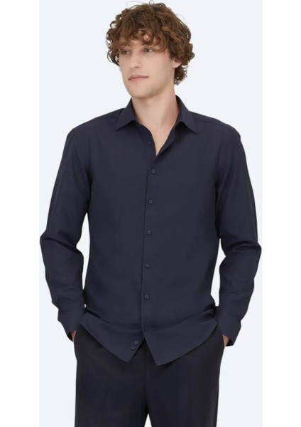 Lacivert Düz Slim Fit Dokuma Klasik Pamuk Karışımlı Gömlek fiyatları