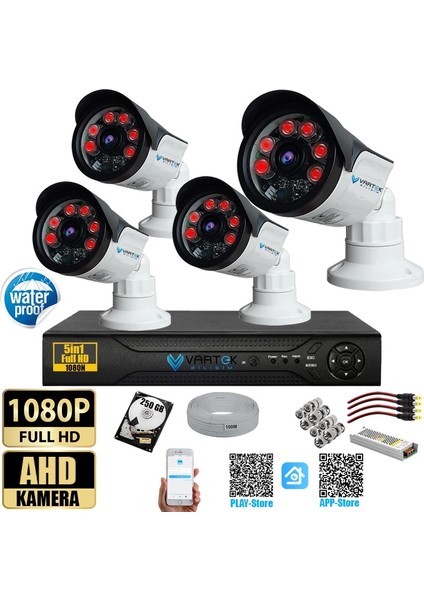 4 Kameralı Set 250 GB HDD Full Hd Gece Görüşlü Güvenlik Kamerası Sistemi-Sabit Ip Gerektirmez-