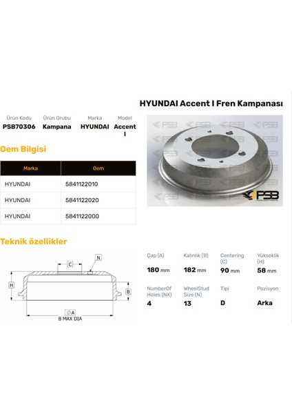 Fren Kampanası Arka 180MM Hyundaı Accent 1995-1997 Oem Kodu - 58411-22010-PSB70306