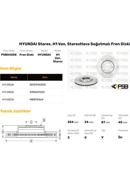 Fren Diski Ön 254MM Hyundaı Starex 1997-2001 Oem Kodu - 58129-4A000-PSB04208