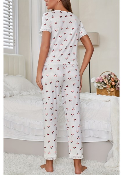 Özel Örme Kumaş Güpür Dantelli Kiraz Baskılı Kısa Kollu Pijama Takımı modelleri
