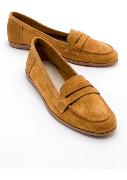 F02 Hardal Süet Hakiki Deri Kadın Loafer Ayakkabı