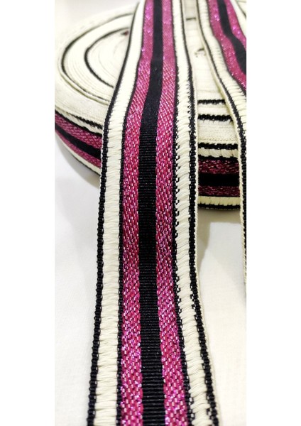 Ekru Fuşya Özel Desen Dar Dokuma Şerit