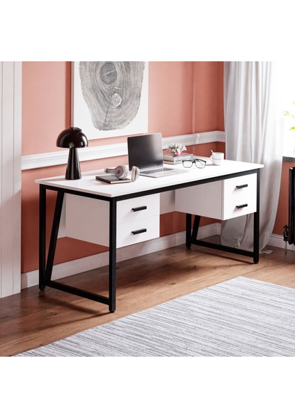 MS2C Çalışma Masası,ofis Masası - 70X160 cm - Beyaz - 4 Çekmeceli