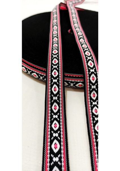 Fuşya Siyah Dar Dokuma Etnik Şerit