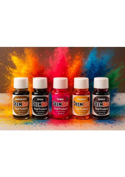 Gıda Boyası 5 x 10 Ml=toplam 50 ml Renkler Kahverengi Bordo Pembe Turuncu Siyah Kutulu modelleri
