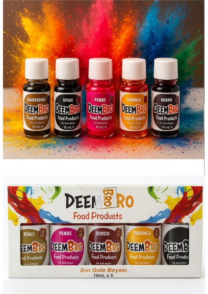 Gıda Boyası 5 x 10 Ml=toplam 50 ml Renkler Kahverengi Bordo Pembe Turuncu Siyah Kutulu