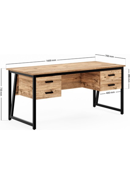 MS2C Çalışma Masası,ofis Masası - 70X160 cm - Çam- 4 Çekmeceli