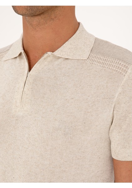Erkek Ekru Slim Fit Keten Karışımlı Fermuarlı Polo Yaka Triko T-Shirt 50300822-VR019