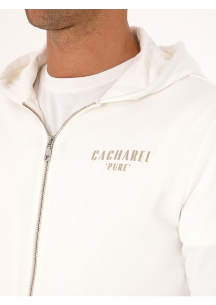 Erkek Ekru Regular Fit %100 Pamuk Tam Fermuarlı Kapüşonlu Sweatshirt 50302481-VR019