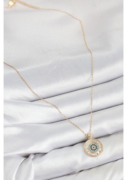 Pirinç Zirkon Taşlı Su Yolu Nazar Model Gold Renk Kadın Kolye - Bamido