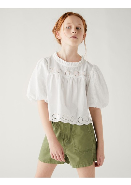 Saf Pamuklu İşleme Detaylı Bluz (6-16 Yaş)