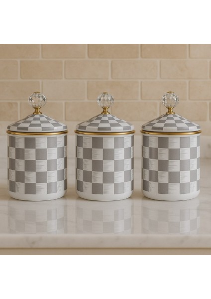 Emaye 3'lü Gri-Beyaz Damalı Premium Kavanoz Seti 12 cm