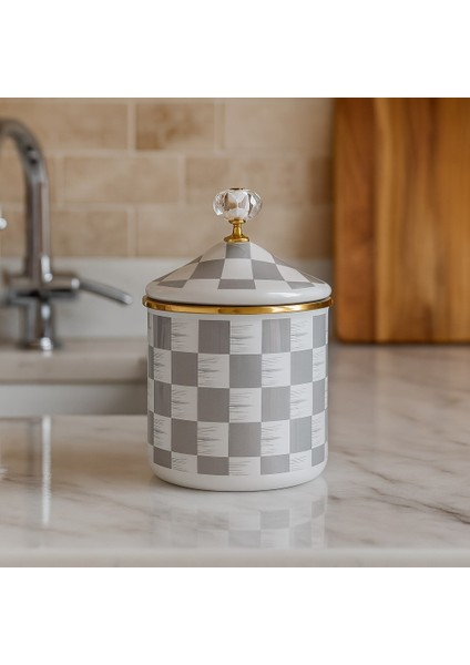 Emaye 3'lü Gri-Beyaz Damalı Premium Kavanoz Seti 12 cm fiyatları
