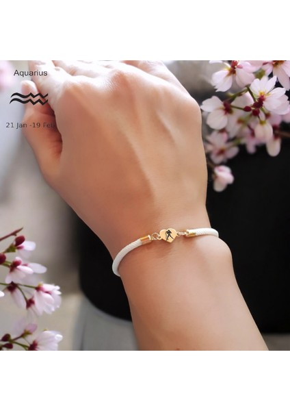 14 Ayar Plakalı Altın Kova Burçlarına Özel Kalp Figürlü Beyaz Örgülü Hediye BILEKLIK-478BURÇ