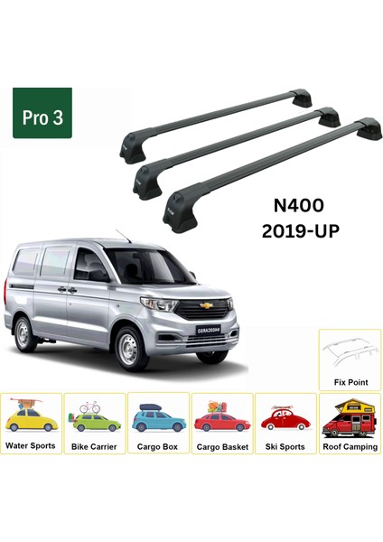 Chevrolet N400 2019-2025 Roof Rack Cross Bars Metal Bracket Fix Point 3 Qty. Alu Siyah fiyatları