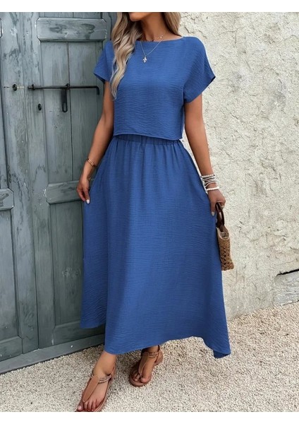 Kadın Kısa Kollu Bisiklet Yaka Bluz Etekli Ithal Keten Ikili Takım