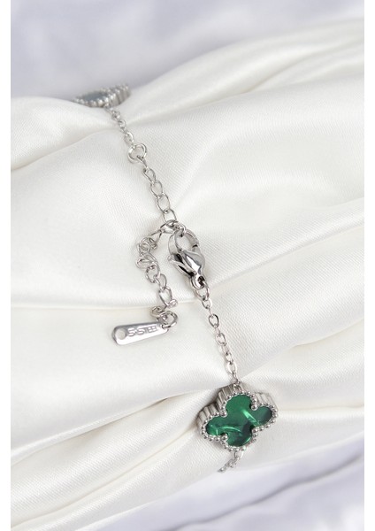 316L Çelik Sedefli Zümrüt Yeşil Gümüş Renk Yonca Kadın Bileklik - Bamido