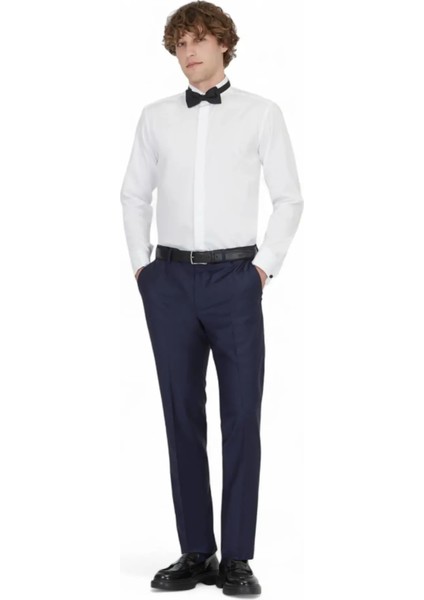 Beyaz Düz Slim Fit Duble Manşet Ata Yaka Smokin Gömlek