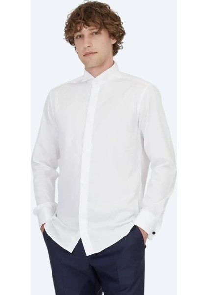 Beyaz Düz Slim Fit Duble Manşet Ata Yaka Smokin Gömlek modelleri