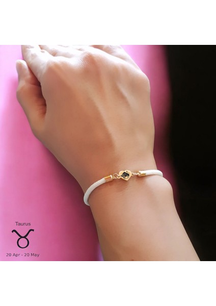 14 Ayar Plakalı Altın Boğa Burçlarına Özel Kalp Figürlü Beyaz Örgülü Hediye BILEKLIK-478BURÇ