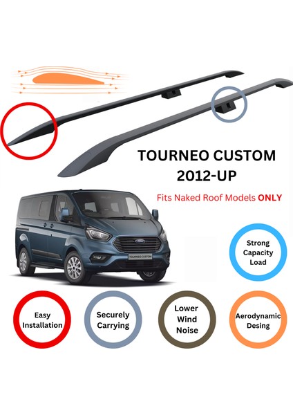 Ford Tourneo Custom 2012-2023 Araç Üstü Alüminyum Tavan Yan Rayları Plus Serisi - Siyah fiyatları