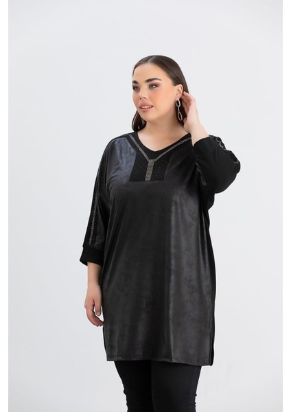 Büyük Beden Taş Detay Örme Bluz Siyah