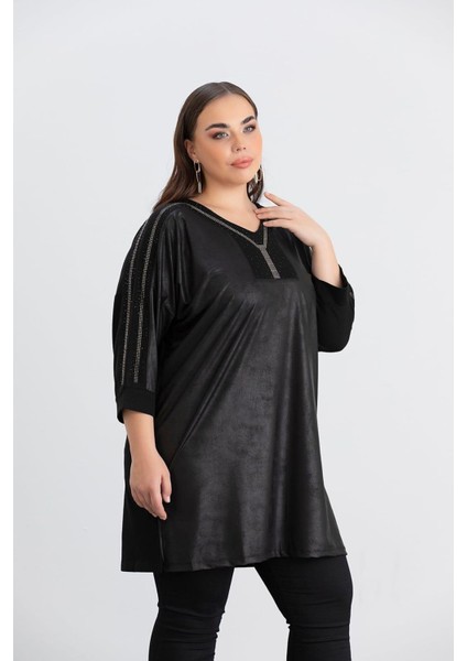 Büyük Beden Taş Detay Örme Bluz Siyah modelleri