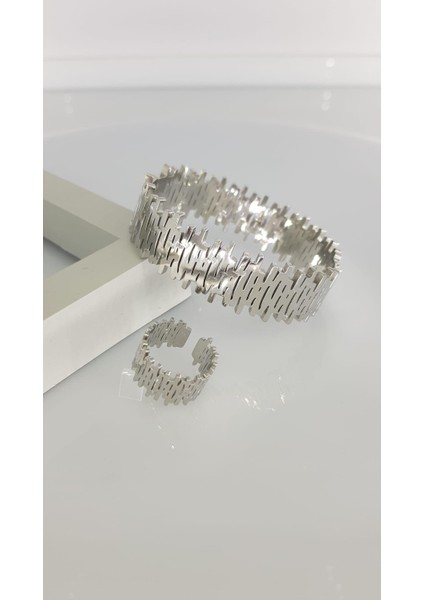 Gümüş Rengi Çelik Kelepçe ve Yüzük 312