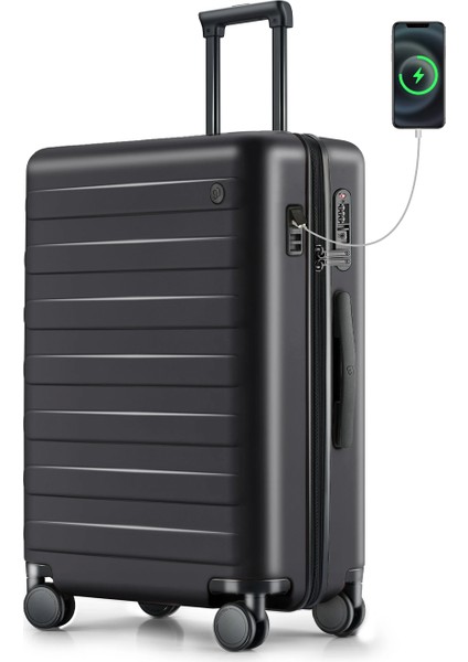 Nınetygo Rhine Pro-Plus 29" Trunk Black- Rhine Pro Plus Koleksiyonu | Sert Kapaklı 29 Inç USB Bağlantı Çift Döner Tekerlekli Büyük Bagaj, Patlamaya Dayanıklı Fermuar, Sert Pc Bavul