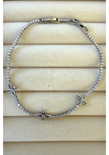 İnce Zirkon Taşlı Minimalist Su Yolu Bileklik Paslanmaz Çelik Kadın Bileklik 20 cm