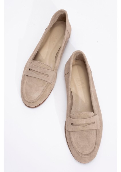 F02 Bej Süet Hakiki Deri Kadın Loafer Ayakkabı modelleri