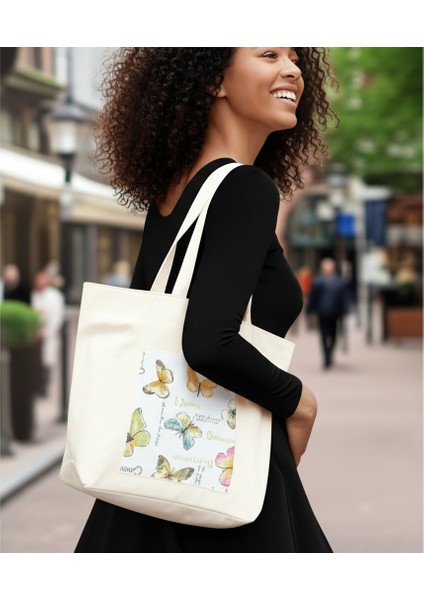 SnowBear Kelebek Desenli Bez Omuz Çantası – Günlük Kullanıma Uygun, Hafif ve Şık Tote Bag fırsatları