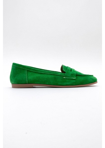 F02 Çim Yeşili Süet Hakiki Deri Kadın Loafer Ayakkabı modelleri
