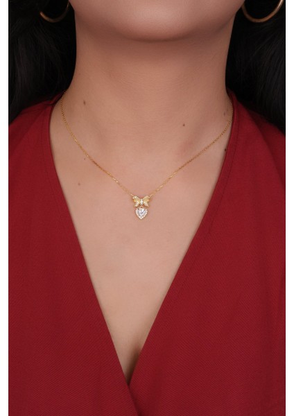 925 Ayar Gümüş Taşlı Papyon Kalp Model Gold Renk Kadın Kolye fiyatları