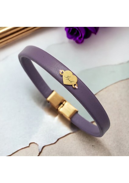 Altın Plakalı 14 Ayar Ipek Ismine Özel Kalp Motifli Doğal Mor Derili Hediye BILEKLIK-479ISIM