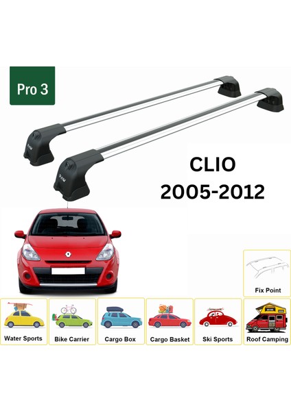 Renault Clio 2005-2012 Roof Rack System, Aluminium Cross Bar, Metal Bracket, Fix Point, Gri fiyatları
