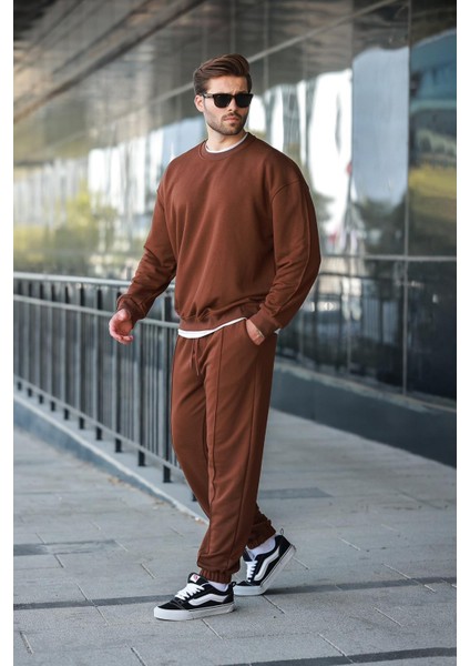 Acı Kahverengi Bisiklet Yaka Basic Erkek Eşofman Takımı E7323