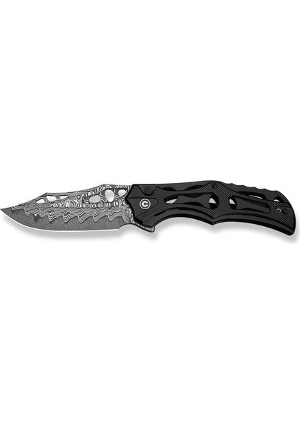 Biophase Flipper & Button Lock Knife Black Aluminum Handle Damascus Çakı