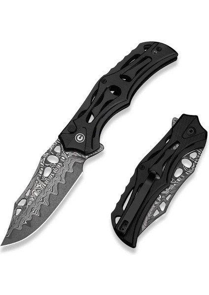 Biophase Flipper & Button Lock Knife Black Aluminum Handle Damascus Çakı fiyatları