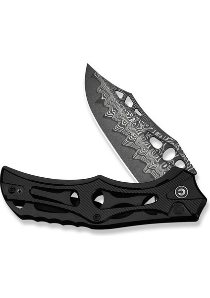 Biophase Flipper & Button Lock Knife Black Aluminum Handle Damascus Çakı fırsatları