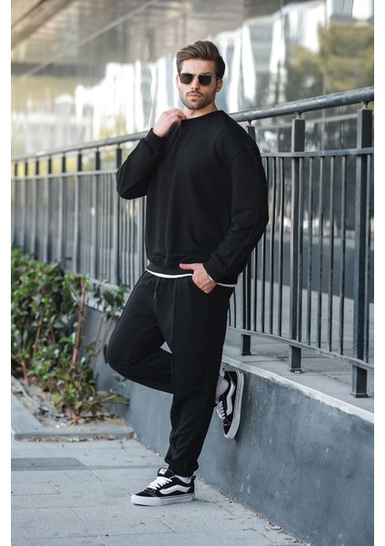Siyah Bisiklet Yaka Basic Erkek Eşofman Takımı E7323 fiyatları