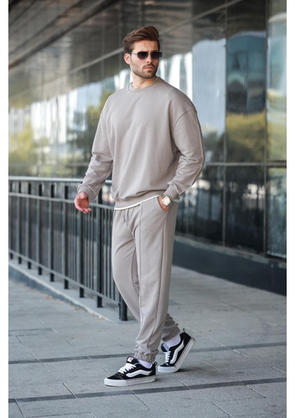 Boyalı Gri Bisiklet Yaka Basic Erkek Eşofman Takımı E7323